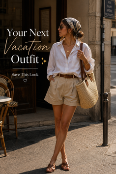 Woman in a white shirt and khaki shorts with a straw bag and bandana on a street