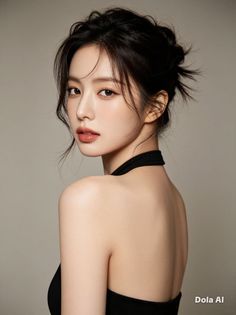 Woman with dark hair in an updo looking over her bare shoulder
