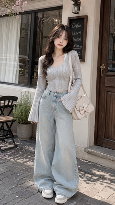 Woman with long hair wearing wide leg jeans and a cropped sweater outdoors