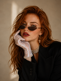 Woman with red hair and freckles wearing sunglasses, lace gloves, and pearls