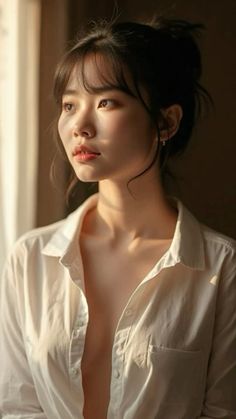 Woman in an unbuttoned white shirt with soft lighting on her face and chest