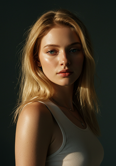 Woman with blonde hair in a tank top with soft lighting