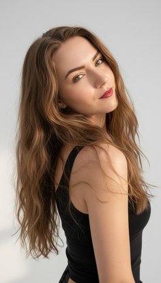 Woman with long brown hair and red lipstick looking over her shoulder