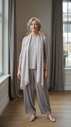 Woman with gray hair wearing a sweater, scarf, and wide leg pants indoors