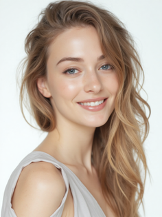 Smiling woman with long blonde hair and blue eyes against a white background