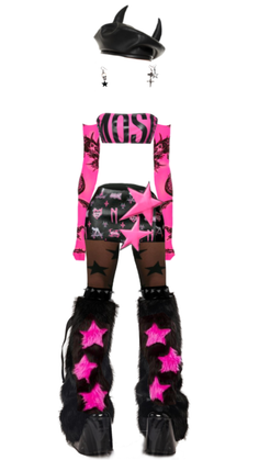 Full body outfit with a black beret, pink crop top, mini skirt, and furry platform boots