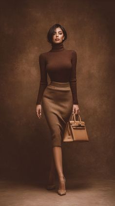 Woman in a brown turtleneck and pencil skirt holding a handbag