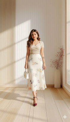 Woman in a floral skirt and crop top standing in a sunlit room