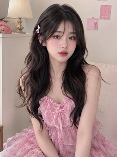 Woman with long wavy hair wearing a pink ruffled floral dress indoors