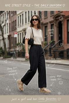 Woman in black pants and a beige top walking on a city street