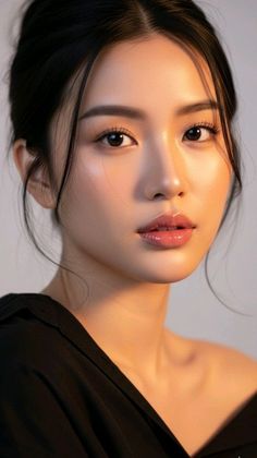Woman with black hair and a black top in a warm-toned portrait