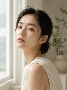 Woman with black hair in an updo, illuminated by soft window light indoors