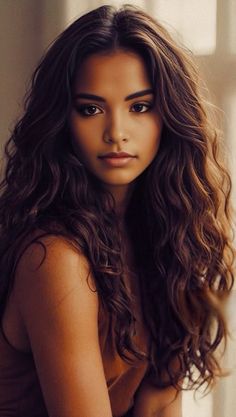 Woman with long wavy dark hair in a soft-lit portrait