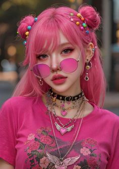 Woman with pink hair, sunglasses, and layered necklaces wearing a floral t-shirt
