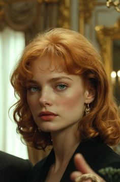 Woman with red curly hair and blue eyes in an indoor setting