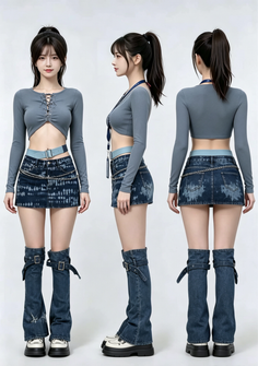 Woman in a crop top, denim skirt, and leg warmers shown from multiple angles