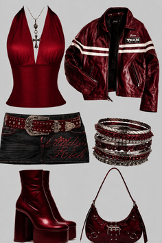 Collection of red and black clothing and accessories on a grey background