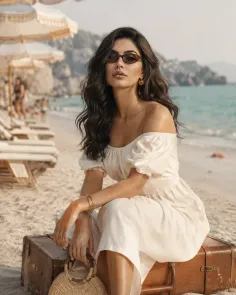 Woman with long wavy hair and sunglasses sitting on a suitcase at the beach