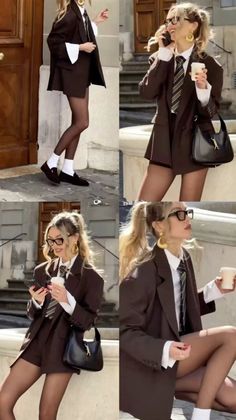 Woman in a brown blazer, striped tie, and black tights posing outdoors