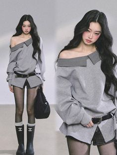 Woman with long black hair wearing an off-shoulder top and black tights