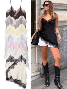 Woman in a black slip dress and cowboy boots standing outdoors