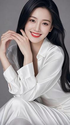 Woman with long black hair and red lipstick wearing a white shirt