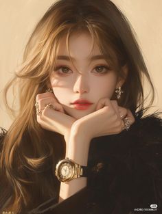 Illustration of a woman with long brown hair wearing a gold watch and jewelry