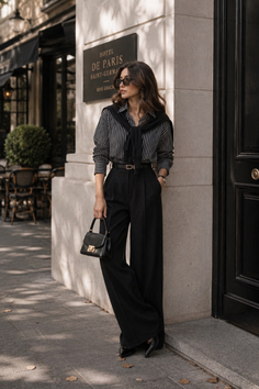Woman in a striped shirt and wide leg pants standing outside a hotel