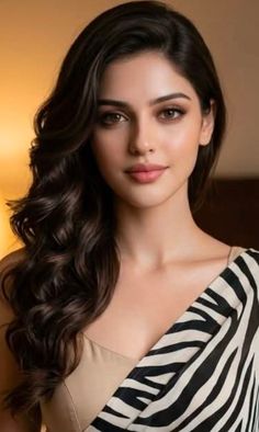 Woman with long wavy hair and a zebra print top