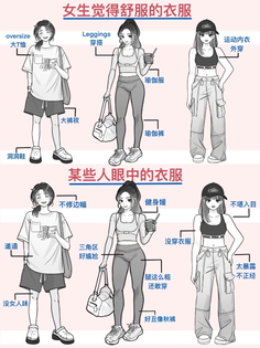 Six women in different outfits, illustrating comfortable clothes versus perceived clothes