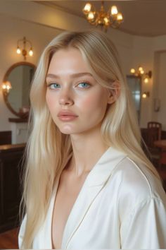 Blonde woman with blue eyes wearing a white shirt indoors