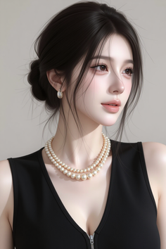 Woman with black hair and pearl necklace wearing a black top with a zipper