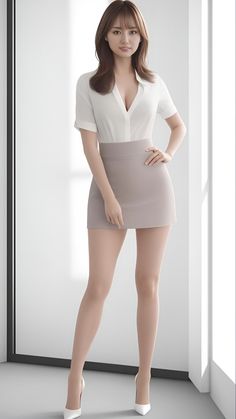 Woman in a white shirt and mini skirt posing indoors