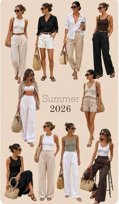 Multiple women showcasing various summer outfits with neutral tones and straw bags
