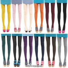 Multiple pairs of legs wearing colorful tights and various shoes