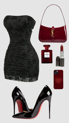 A collection of fashion accessories including a black dress, red handbag, and high heels