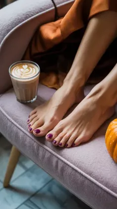 Feet with purple nail polish next to a latte and a small pumpkin on a chair