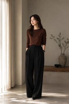 Woman in a brown top and black wide-leg pants standing indoors by a window