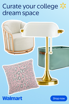 Assortment of home decor items including an armchair, lamp, storage bin, and pillow