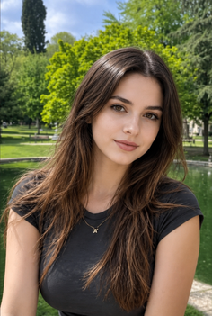 Woman with long brown hair wearing a black t-shirt and butterfly necklace in a park