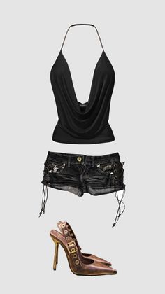 Black halter top with draped neckline, denim shorts, and high heels