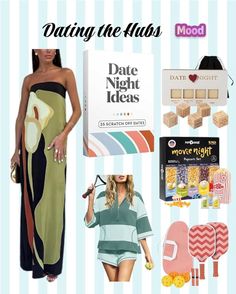 Collage of date night ideas and activities with clothing items