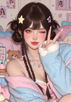 Girl with braids winking and making a peace sign, wearing a pink top and blue jacket