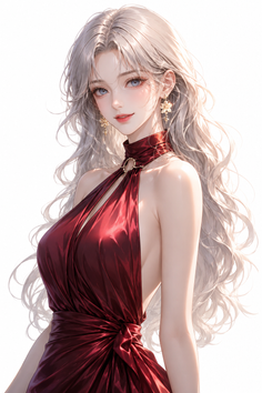 Anime style woman with long white hair in a red dress with gold earrings