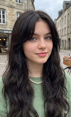 Young woman with long dark hair and blue eyes wearing a pearl necklace and green sweater