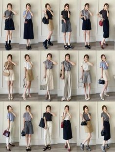 Multiple women posing in various casual outfits against a white wall