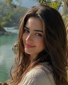 Woman with long dark hair smiling outdoors with a river in the background