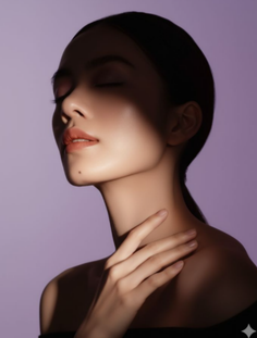 Woman with closed eyes and bare shoulders in dramatic lighting