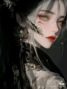 Anime style portrait of a woman with white and black hair and feathers