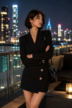 Woman in a black dress on a rooftop with a city view at night